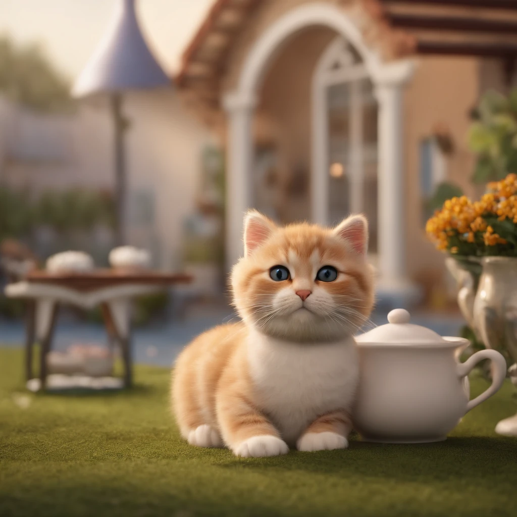 An image of a cute cat being seating  in a 3D claymation style. The big monitor view game should have a pither, cups. The cat should have dewy nose and be wearing a chef hat with a PlayStation hardware . The color palette should be in peach, background on The parking lot in front of the white palace house, lavenderhigh resolution, 4k hd, watermark smooth, image big resolution 4Mb + data, realistic color, filmography, paintings 3d, 3D claymation style, A macro, detailed image with an out of focus background. The portrait is realistic with studio lighting, hyper-realistic painting, super 8k HD, high quality, highest quality, 32k -v 6