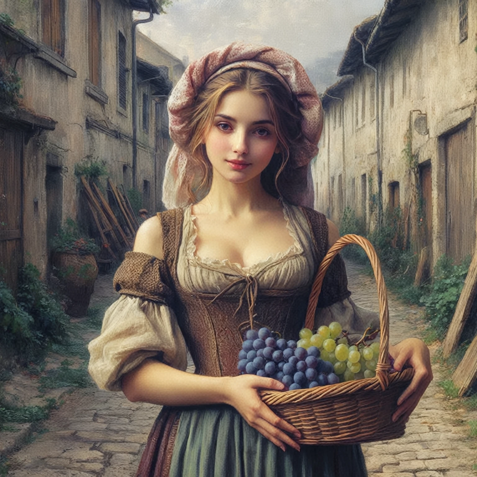 there is a woman holding a basket of grapes in a street, renaissance digital painting, art of edouard bisson, beautiful digital artwork, artgerm and william bouguereau, artwork in the style of guweiz, 8 k hd detailed oil painting, daniel ridgway knight, cute woman, beautiful maiden, hyperrealistic fantasy art, renato muccillo