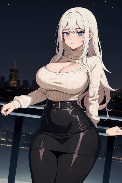 20 year old woman, busty, bubble butt, hourglass figure, skinny, blushing, frustrated expression, horny, seductive, platinum hair, long hair, wavy hair, wearing white sweater, ribbed sweater, black pencil skirt, belt, tights, heeled boots, tight fitting clothing, middrift, cleavage, anime, city at night, outside, punk, punk style, punk hair, doujin style, manga, flat colours