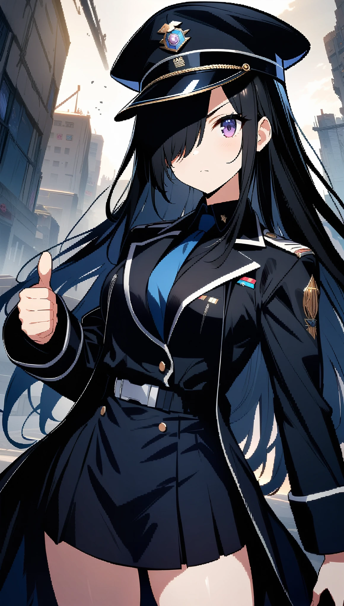 1 girl, cool girl, determined, shiny black hair, Long Hair, ((hair over one eye)), purple eyes, Slender, Black military uniform, Black mini skirt, Black long coat, Black military cap, Look beyond the camera, cowboy shot, ((thumbs up)), ((32K)), ((best quality)), ((ultra high res)), ((HDR)), ((uhd)), ((extremely detailed CG)), ((unity 32K wallpaper)), ((perfect anatomy)), (((illustration))), (((anime colored))),