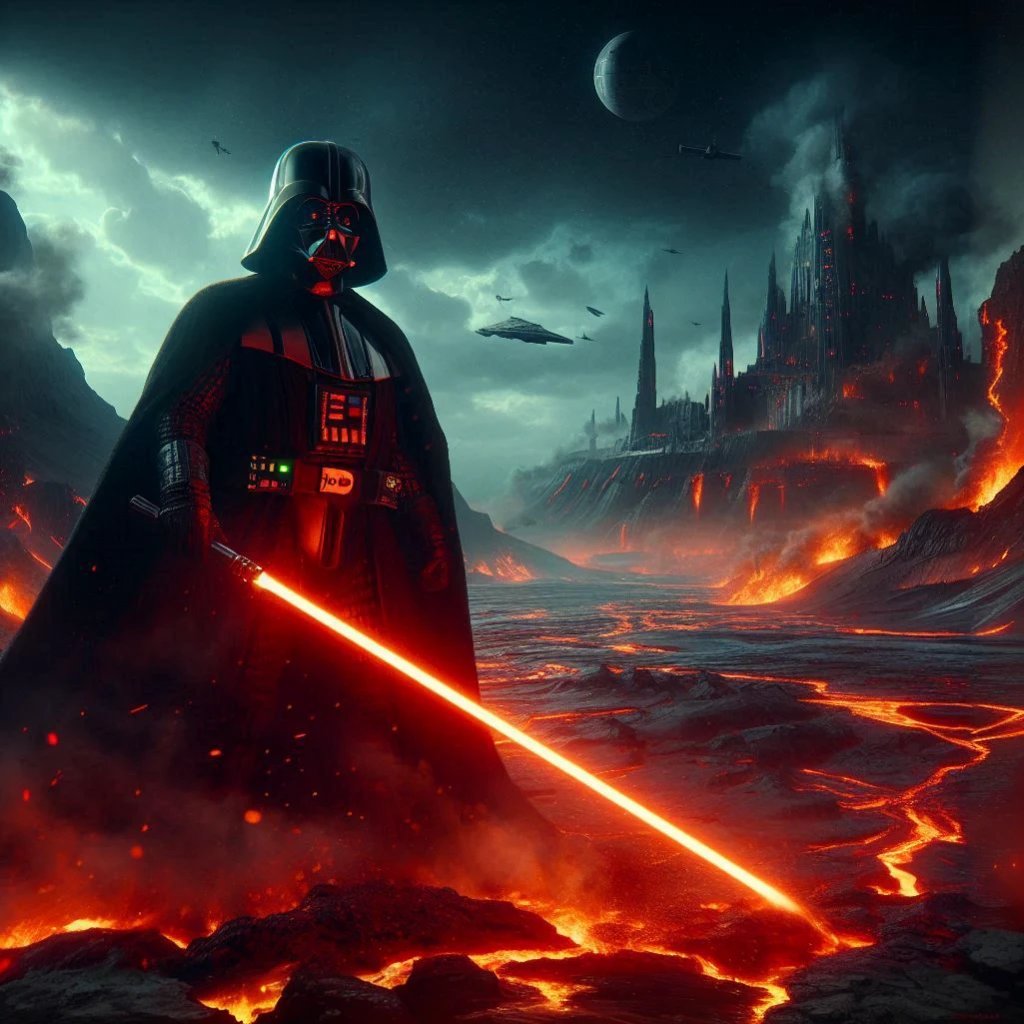 Darth Vader standing in front of a lava volcano on Mustafar with a glowing red lightsaber, sinister glow, concept art par Christopher Balaskas, tendance sur artstation, art numérique, fond d'écran, 4K, Photo HD Star Wars, HQ fond d'écran 4K, star wars art numérique, Marche impériale, Vader, cinematic, lava field, Œuvre d'art époustouflante en 8 000, Sith Lord, Dark Lord, éclairage dramatique, focus on Darth Vader, Mustafar, Lava, Castle, Obsidian, Dark Side, Dark Side of The Force, The Force, Force, Star Wars, HDR, Massive Details, Intricate Details, Spectaculaire, Fear, Anger, Hate, Suffering, volcanic planet, dark, powerful, power, menace, aura, darness, strength, rivers lava, night sky, intense contrasts, vibrant colors, dramatic scene, thick atmosphere, Anakin's fall to the dark side, Rendered in HDR 4K, highlighting intricate details and vivid contrasts, dark robes, dark tones, highlighting fear, anger, and hatred, encapsulating the dark side of the Force, massive detail that accentuates the intense heat and energy of the volcanic surroundings, fierce expression, reminiscent of a fallen Jedi, Lava streams, eruptions, High dynamic range,