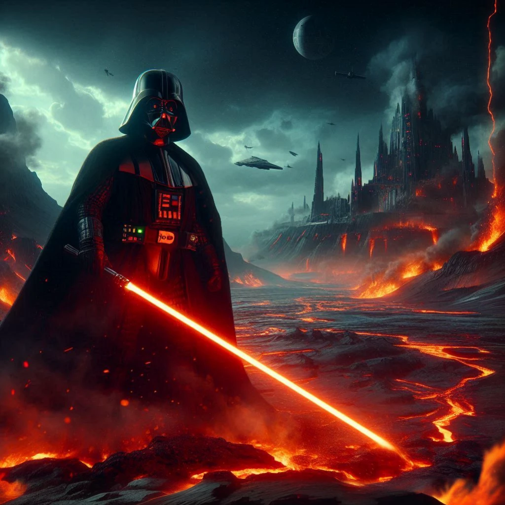 Darth Vader standing in front of a lava volcano on Mustafar with a glowing red lightsaber, sinister glow, concept art par Christopher Balaskas, tendance sur artstation, art numérique, fond d'écran, 4K, Photo HD Star Wars, HQ fond d'écran 4K, star wars art numérique, Marche impériale, Vader, cinematic, lava field, Œuvre d'art époustouflante en 8 000, Sith Lord, Dark Lord, éclairage dramatique, focus on Darth Vader, Mustafar, Lava, Castle, Obsidian, Dark Side, Dark Side of The Force, The Force, Force, Star Wars, HDR, Massive Details, Intricate Details, Spectaculaire, Fear, Anger, Hate, Suffering, volcanic planet, dark, powerful, power, menace, aura, darness, strength, rivers lava, night sky, intense contrasts, vibrant colors, dramatic scene, thick atmosphere, Anakin's fall to the dark side, Rendered in HDR 4K, highlighting intricate details and vivid contrasts, dark robes, dark tones, highlighting fear, anger, and hatred, encapsulating the dark side of the Force, massive detail that accentuates the intense heat and energy of the volcanic surroundings, fierce expression, reminiscent of a fallen Jedi, Lava streams, eruptions, High dynamic range,