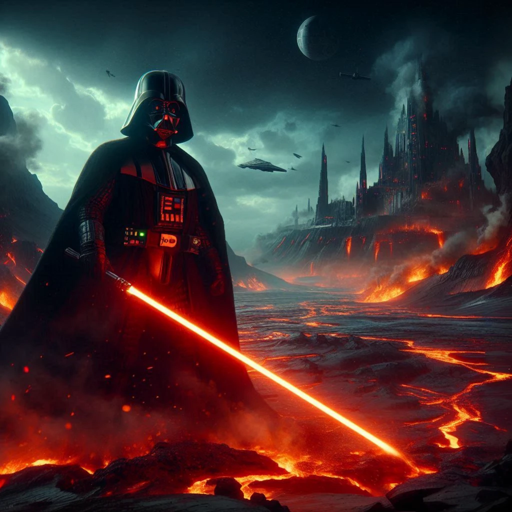 Darth Vader standing in front of a lava volcano on Mustafar with a glowing red lightsaber, sinister glow, concept art par Christopher Balaskas, tendance sur artstation, art numérique, fond d'écran, 4K, Photo HD Star Wars, HQ fond d'écran 4K, star wars art numérique, Marche impériale, Vader, cinematic, lava field, Œuvre d'art époustouflante en 8 000, Sith Lord, Dark Lord, éclairage dramatique, focus on Darth Vader, Mustafar, Lava, Castle, Obsidian, Dark Side, Dark Side of The Force, The Force, Force, Star Wars, HDR, Massive Details, Intricate Details, Spectaculaire, Fear, Anger, Hate, Suffering, volcanic planet, dark, powerful, power, menace, aura, darness, strength, rivers lava, night sky, intense contrasts, vibrant colors, dramatic scene, thick atmosphere, Anakin's fall to the dark side, Rendered in HDR 4K, highlighting intricate details and vivid contrasts, dark robes, dark tones, highlighting fear, anger, and hatred, encapsulating the dark side of the Force, massive detail that accentuates the intense heat and energy of the volcanic surroundings, fierce expression, reminiscent of a fallen Jedi, Lava streams, eruptions, High dynamic range,