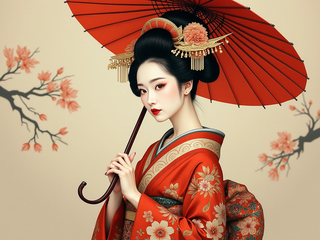 A woman in a kimono is holding an umbrella, The art of Japan style, japanese geisha, Japanese painting, female geisha girl, beauty geisha, skilled geisha of the japanese, geisha prima ballerina, Japanese women, Ancient Chinese Princess, traditional The art of Japan, geisha, Empress of China, traditional painting, The art of Japan, Japanese Goddess, The art of Japan art