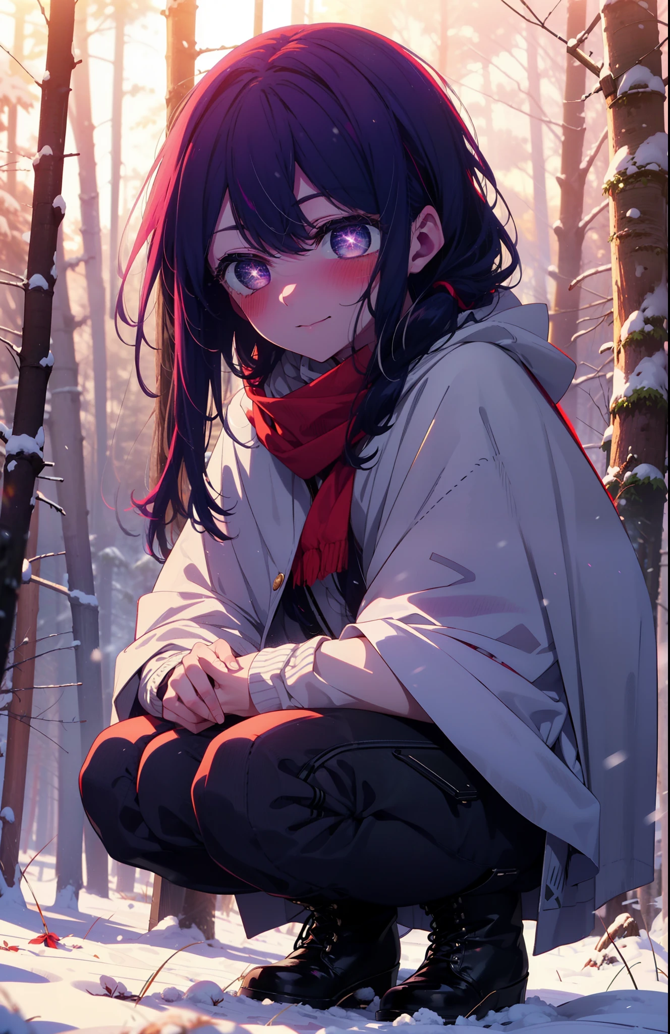 aihoshino, Ai Hoshino, Long Hair, bangs, (Purple eyes:1.1), Purple Hair, (Symbol-shaped pupil:1.5), smile,,smile,blush,white breath,
Open your mouth,snow,Ground bonfire, Outdoor, boots, snowing, From the side, wood, suitcase, Cape, Blurred, , forest, White handbag, nature,  Squat, Mouth closed, Cape, winter, Written boundary depth, Black shoes, red Cape break looking at viewer, Upper Body, whole body, break Outdoor, forest, nature, break (masterpiece:1.2), Highest quality, High resolution, unity 8k wallpaper, (shape:0.8), (Beautiful and beautiful eyes:1.6), Highly detailed face, Perfect lighting, Highly detailed CG, (Perfect hands, Perfect Anatomy),