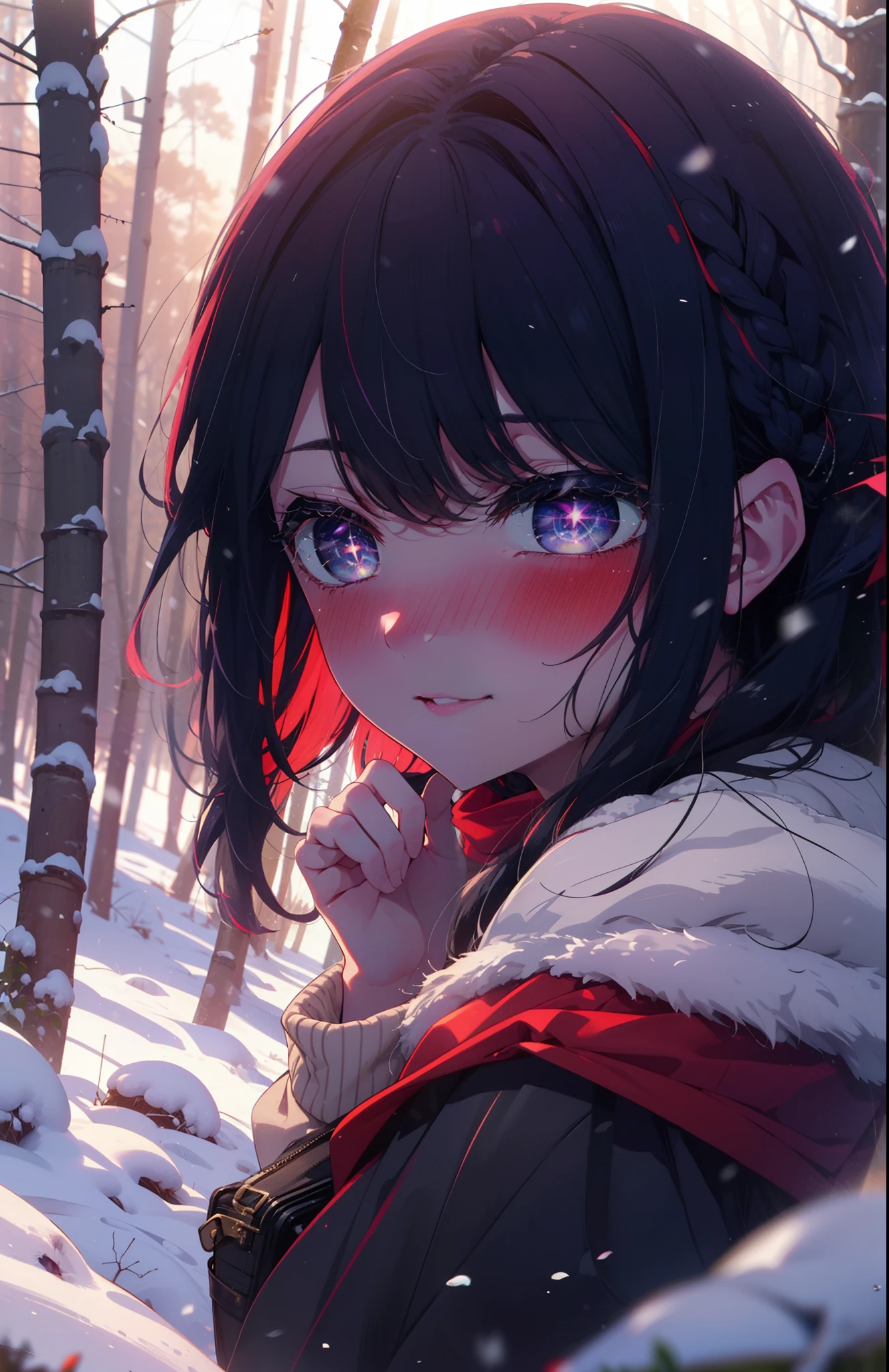 aihoshino, Ai Hoshino, Long Hair, bangs, (Purple eyes:1.1), Purple Hair, (Symbol-shaped pupil:1.5), smile,,smile,blush,white breath,
Open your mouth,snow,Ground bonfire, Outdoor, boots, snowing, From the side, wood, suitcase, Cape, Blurred, , forest, White handbag, nature,  Squat, Mouth closed, Cape, winter, Written boundary depth, Black shoes, red Cape break looking at viewer, Upper Body, whole body, break Outdoor, forest, nature, break (masterpiece:1.2), Highest quality, High resolution, unity 8k wallpaper, (shape:0.8), (Beautiful and beautiful eyes:1.6), Highly detailed face, Perfect lighting, Highly detailed CG, (Perfect hands, Perfect ???????),