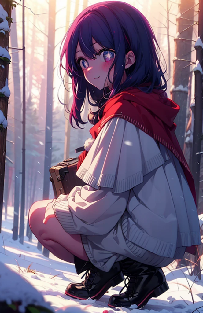 aihoshino, Ai Hoshino, Long Hair, bangs, (Purple eyes:1.1), Purple Hair, (Symbol-shaped pupil:1.5), smile,,smile,blush,white breath,
Open your mouth,snow,Ground bonfire, Outdoor, boots, snowing, From the side, wood, suitcase, Cape, Blurred, , forest, White handbag, nature, Squat, Mouth closed, Cape, winter, Written boundary depth, Black shoes, red Cape break looking at viewer, Upper Body, whole body, break Outdoor, forest, nature, break (masterpiece:1.2), Highest quality, High resolution, unity 8k wallpaper, (shape:0.8), (Beautiful and beautiful eyes:1.6), Highly detailed face, Perfect lighting, Highly detailed CG, (Perfect hands, Perfect Anatomy),