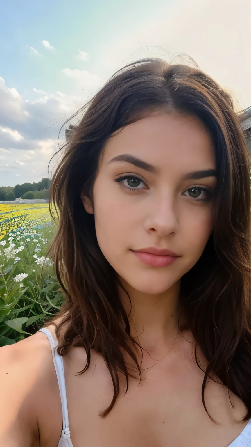 Pretty beautiful brunette (le noir a) (dans un champs de fleur),Selfie, Low cut, very detailed, 18 ans, visage innocent, naturally wavy hair, yeux verts, high resolution, Boss of'ouvrages d'art, best quality, intricate details, very detailed, mise au point nette, detailed skin, texture de peau realistic, texture, detailed eyes, professionnel, 4K, charming smile, prise avec Canon, 85 millimeters, slight depth of field, kodak vision color, corps parfaitement ajusté, extremely detailed, Photograph_\(ultra\), photographiquerealistic, realistic, Post-traitement, maximum details, roughness, real life, ultrarealistic, photorealism, photographie, 8k uh, photographie