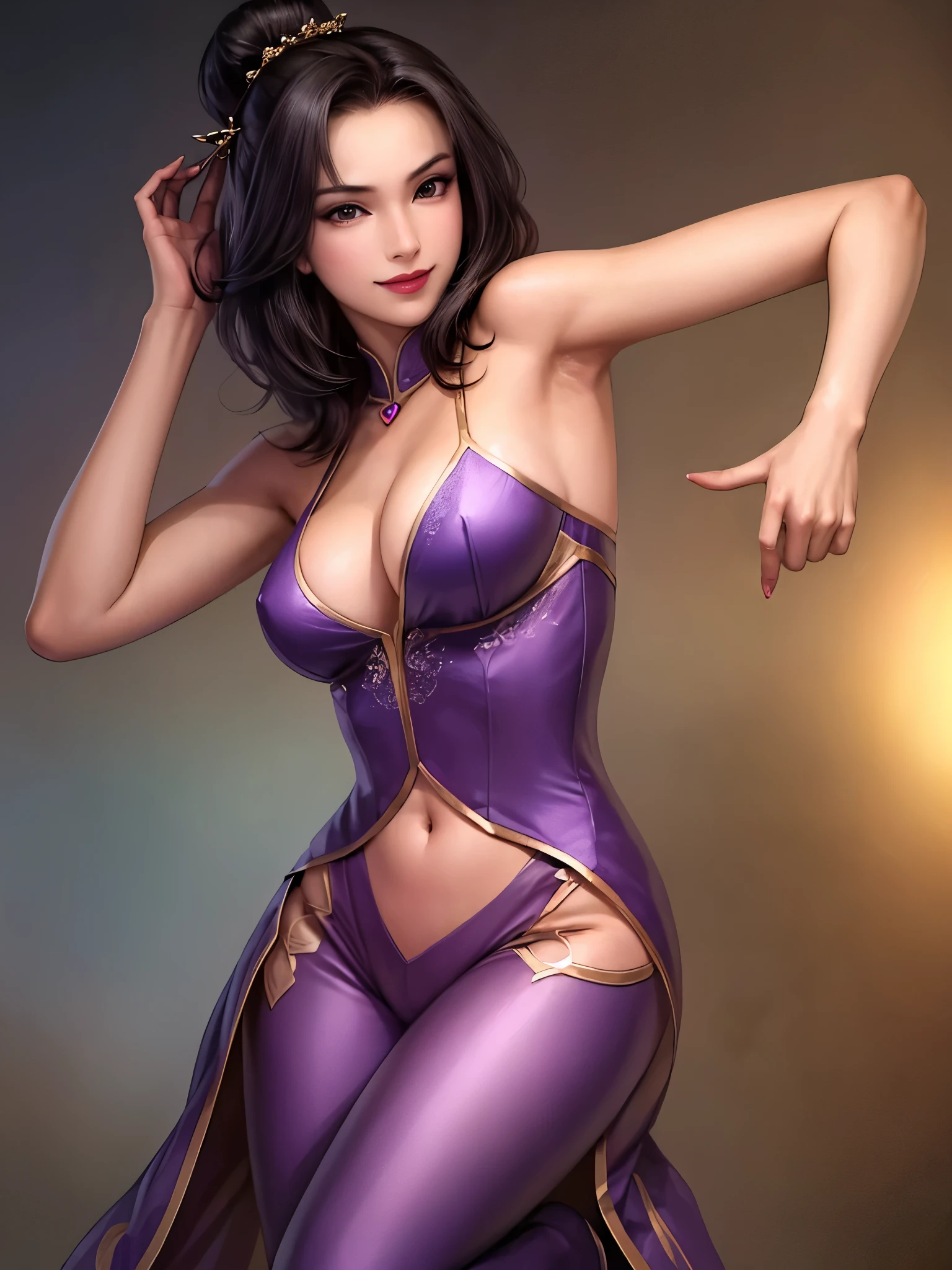 Armpit Show,Highest quality, masterpiece,View your viewers,smile,Red lipstick,Purple clothes,Cleavage,Big Breasts,(bob cut),