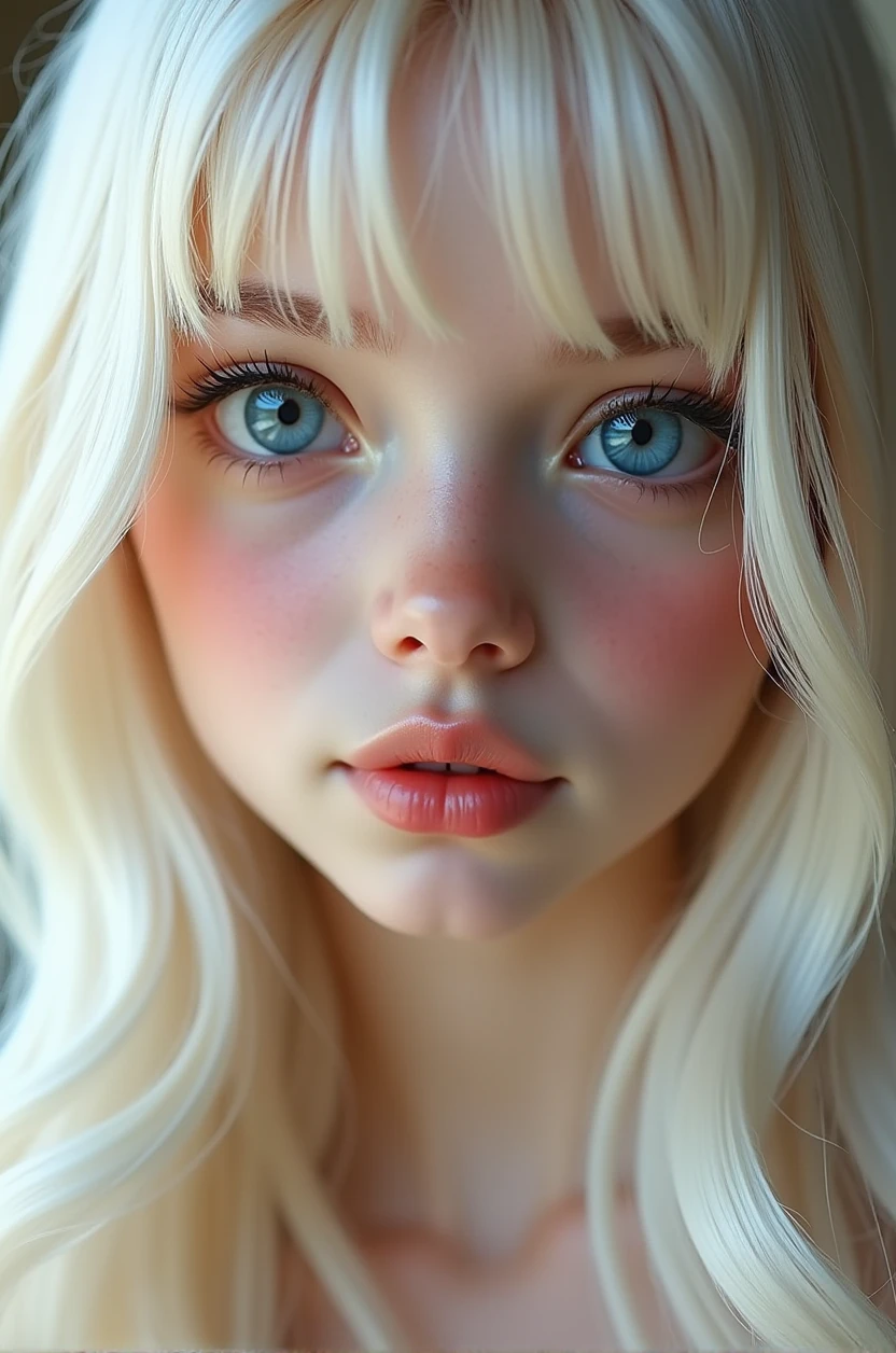 (a closeup:1.4)、(RAW shooting:1.2)、(Photorealsitic:1.4)、(masterpiece:1.3)、(top-quality:1.4)、bright expression、extremely beautyful girl、Extraordinary beautiful girl、Detailed cute and beautiful face、Beautiful bangs、Glowing white shiny skin、facial hairs、Bangs that extend to the face、Bangs between the eyes、Super long hair、Attractive light and dark platinum blonde super long straight silky hainer hair、Attractive glowing beautiful bright clear light blue big eyes、Luxurious dresses、Double eyelids、Lush bust、The upper part of the body、left angle face --Seed 1706777435