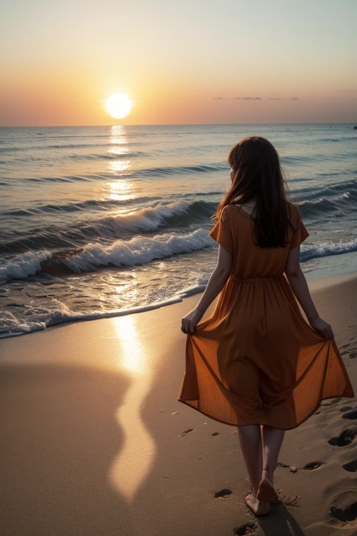 Highest quality、The beach where the sun sets、Orange sky、Shadow of a person