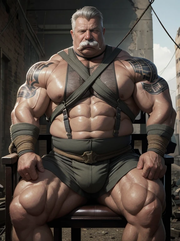 Hyperrealistic image of a military man tied with ropes to a chair and gagged Superhero very old and very sweaty very gray hair bodybuilder over 80 years old very muscular and fat weighing more than 200 kilos with a naked torso large and flaccid pectorals tattooed huge brown nipples big gray mustaches dressed in military clothing in a ruined building  