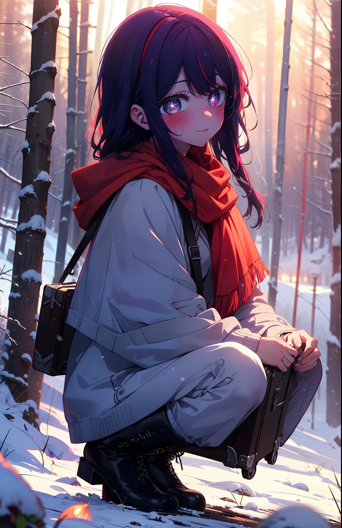 aihoshino, Ai Hoshino, Long Hair, bangs, (Purple eyes:1.1), Purple Hair, (Symbol-shaped pupil:1.5), smile,,smile,blush,white breath,
Open your mouth,snow,Ground bonfire, Outdoor, boots, snowing, From the side, wood, suitcase, Cape, Blurred, , forest, White handbag, nature, Squat, Mouth closed, Cape, winter, Written boundary depth, Black shoes, red Cape break looking at viewer, Upper Body, whole body, break Outdoor, forest, nature, break (masterpiece:1.2), Highest quality, High resolution, unity 8k wallpaper, (shape:0.8), (Beautiful and beautiful eyes:1.6), Highly detailed face, Perfect lighting, Highly detailed CG, (Perfect hands, Perfect Anatomy),