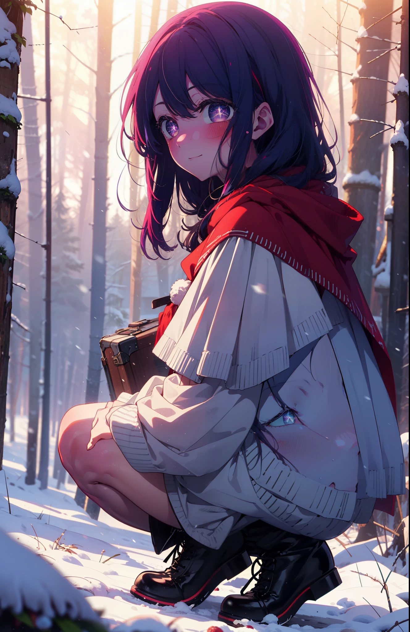 aihoshino, Ai Hoshino, Long Hair, bangs, (Purple eyes:1.1), Purple Hair, (Symbol-shaped pupil:1.5), smile,,smile,blush,white breath,
Open your mouth,snow,Ground bonfire, Outdoor, boots, snowing, From the side, wood, suitcase, Cape, Blurred, , forest, White handbag, nature, Squat, Mouth closed, Cape, winter, Written boundary depth, Black shoes, red Cape break looking at viewer, Upper Body, whole body, break Outdoor, forest, nature, break (masterpiece:1.2), Highest quality, High resolution, unity 8k wallpaper, (shape:0.8), (Beautiful and beautiful eyes:1.6), Highly detailed face, Perfect lighting, Highly detailed CG, (Perfect hands, Perfect Anatomy),