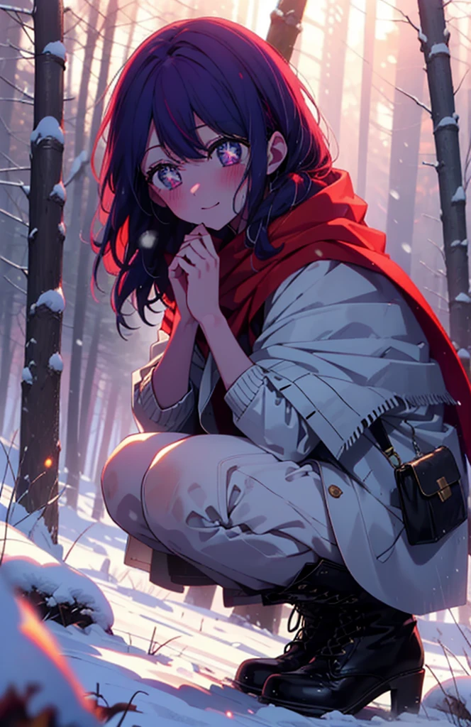 aihoshino, Ai Hoshino, Long Hair, bangs, (Purple eyes:1.1), Purple Hair, (Symbol-shaped pupil:1.5), smile,,smile,blush,white breath,
Open your mouth,snow,Ground bonfire, Outdoor, boots, snowing, From the side, wood, suitcase, Cape, Blurred, , forest, White handbag, nature, Squat, Mouth closed, Cape, winter, Written boundary depth, Black shoes, red Cape break looking at viewer, Upper Body, whole body, break Outdoor, forest, nature, break (masterpiece:1.2), Highest quality, High resolution, unity 8k wallpaper, (shape:0.8), (Beautiful and beautiful eyes:1.6), Highly detailed face, Perfect lighting, Highly detailed CG, (Perfect hands, Perfect Anatomy),