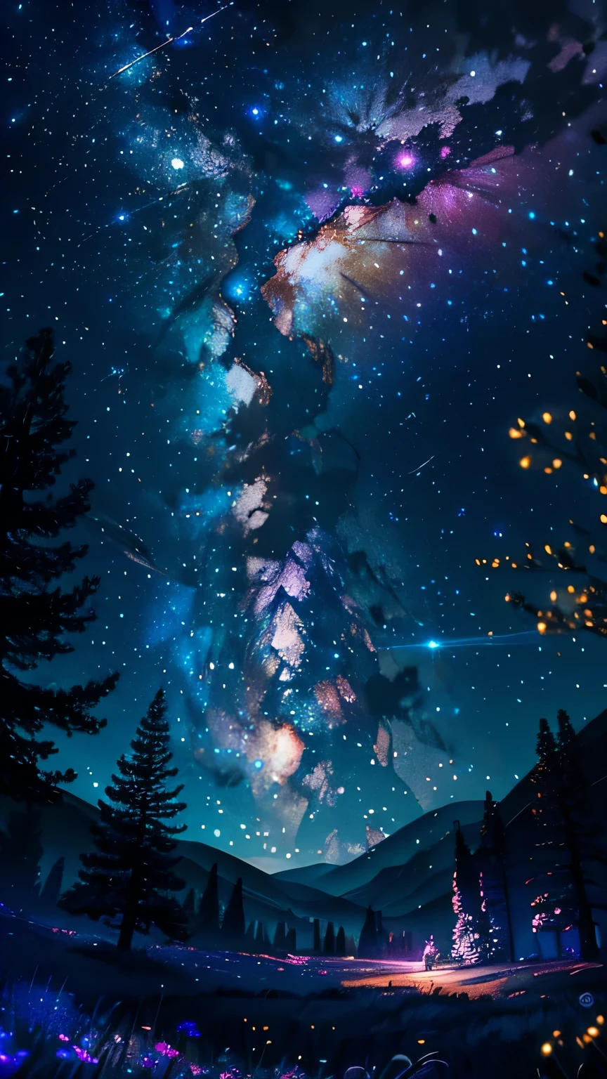 Expansive landscape photograph, (view from below with a view of the sky and the wilderness below), little white bear standing in a flower field looking up, (full moon: 1.2), (shooting star: 0.9), (nebula: 1.3), a distant mountain, tree break production art, (warm light source: 1.2), (firefly: 1.2), lamp, purple and orange, intricate detail, volume lighting BREAK (masterpiece: 1.2), (highest quality ), 4k, ultra-detailed, (dynamic configuration: 1.4), highly detailed and colorful details (iridescent: 1.2), (sparkling lighting, atmospheric lighting), dreamy, magical, (solo: 1.2)