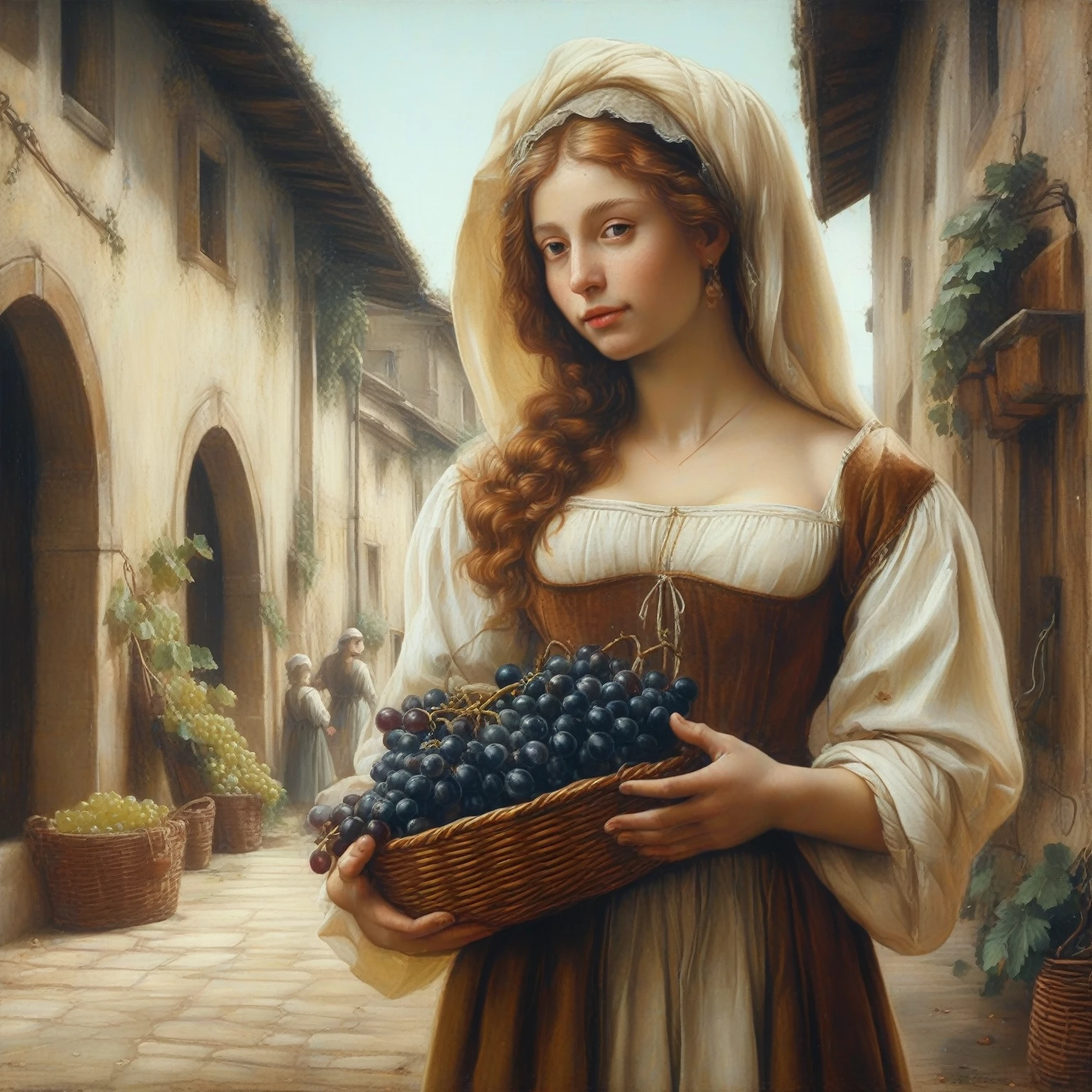 arafed woman in a medieval dress holding a basket of grapes, renaissance digital painting, renato muccillo, magali villeneuve', caravaggio and artgerm, cute woman, in a renaissance style, volegov, beautiful digital artwork, renaissance style painting, art of edouard bisson, by John La Gatta, in renaissance style, beautiful maiden