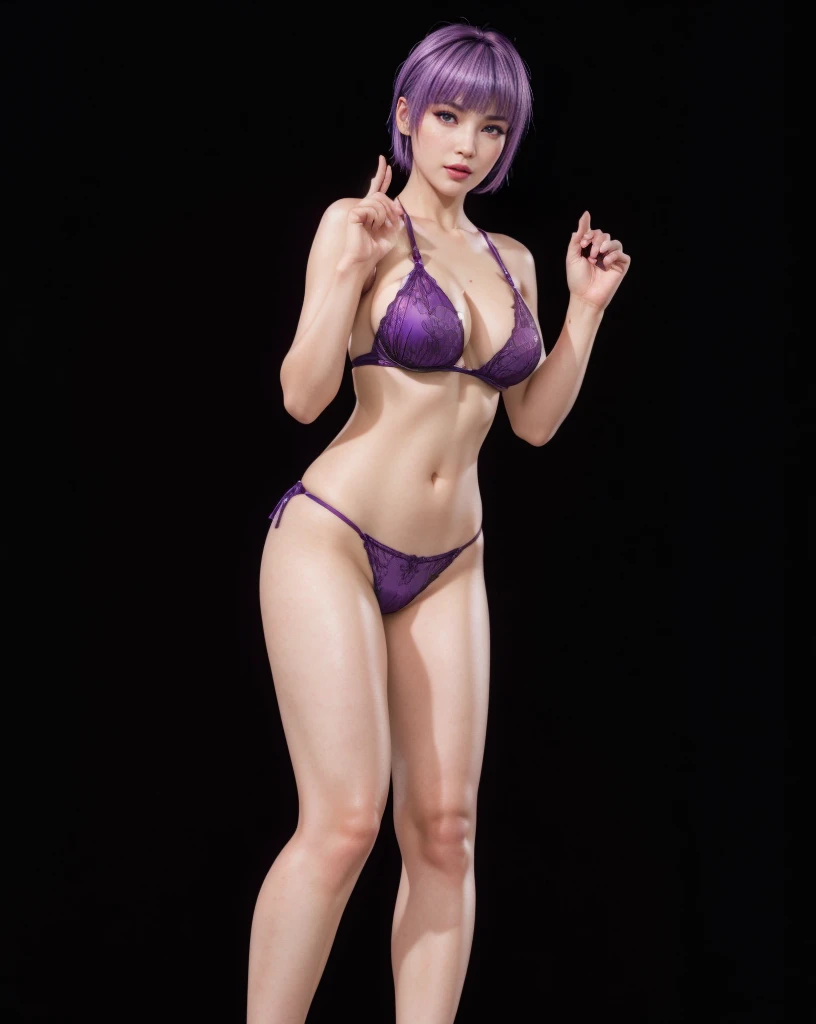 Ayane, purple hair, red eyes, (best quality, ultra-detailed), (realistic:1.37), beautiful and detailed face, ultra-realistic texture, delicate face, delicate body, red lipstick, long-lasting colors. high definition, 8K. expression with a y look