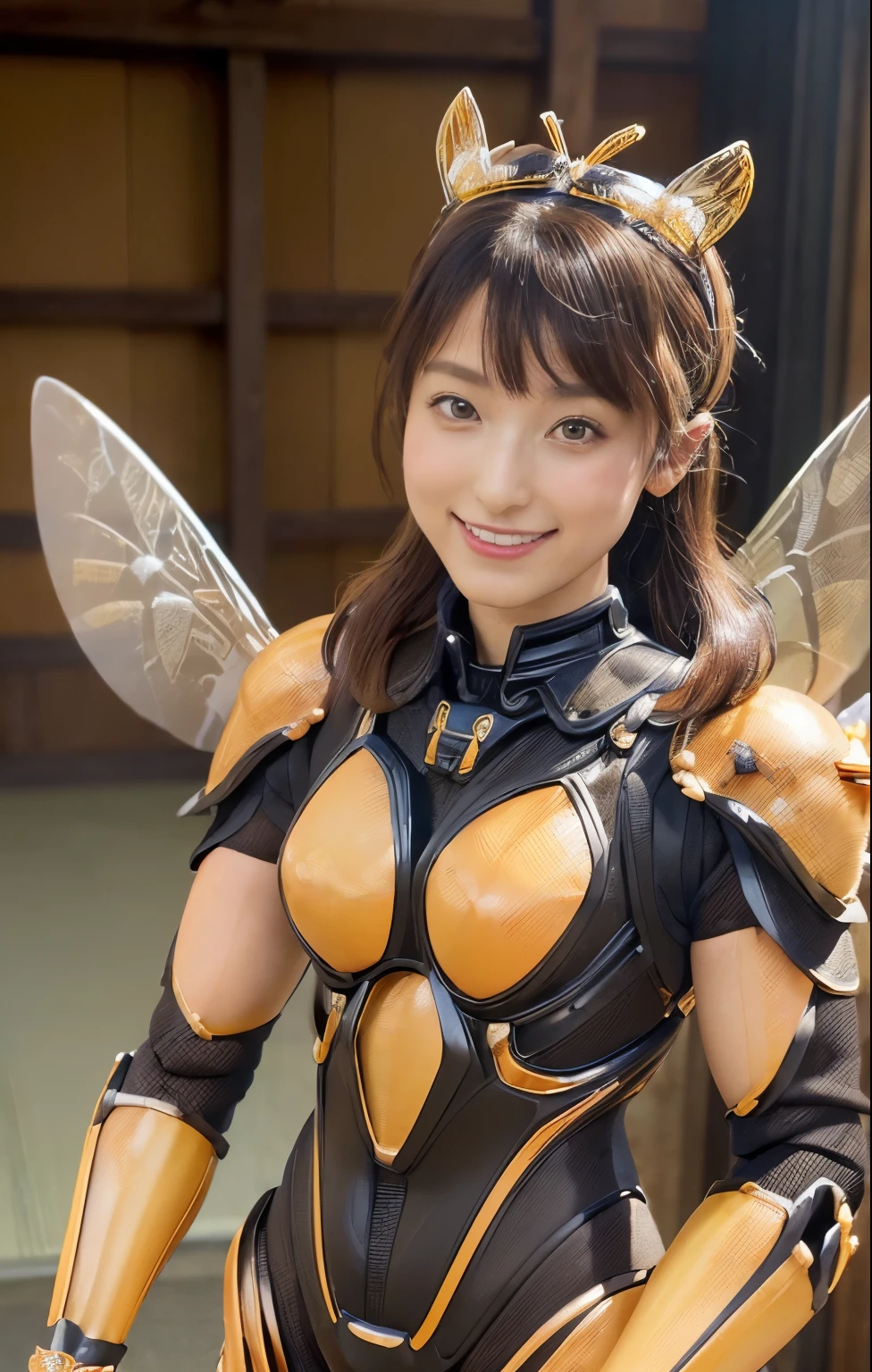 (high resolution,masterpiece,best quality,extremely detailed CG, anime, official art:1.4), realistic, photo, amazing fine details, all intricate, gloss and shiny,awesome many layers, 8k wall paper, 3d, sketch, kawaii, illustration,( solo:1.4), perfect female proportion,villainess, (fusion of queen bee and lady:1.4), (queen bee form lady:1.2), (queen bee lady:1.2), (fusion:1.2), (solo:1.4), (evil smile:1.2), muscular, abs, (queen bee exoskeleton bio insect suit:1.4), (roach brown exoskeleton bio insect armor:1.2), (brown transparency queen bee wing:1.4), (brown queen bee antennae:1.3),