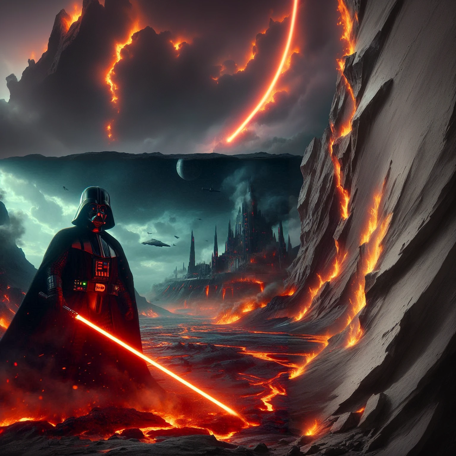 Darth Vader standing in front of a lava volcano on Mustafar with a glowing red lightsaber, sinister glow, concept art par Christopher Balaskas, tendance sur artstation, art numérique, fond d'écran, 4K, Photo HD Star Wars, HQ fond d'écran 4K, star wars art numérique, Marche impériale, Vader, cinematic, lava field, Œuvre d'art époustouflante en 8 000, Sith Lord, Dark Lord, éclairage dramatique, focus on Darth Vader, Mustafar, Lava, Castle, Obsidian, Dark Side, Dark Side of The Force, The Force, Force, Star Wars, HDR, Massive Details, Intricate Details, Spectaculaire, Fear, Anger, Hate, Suffering, volcanic planet, dark, powerful, power, menace, aura, darness, strength, rivers lava, night sky, intense contrasts, vibrant colors, dramatic scene, thick atmosphere, Anakin's fall to the dark side, Rendered in HDR 4K, highlighting intricate details and vivid contrasts, dark robes, dark tones, highlighting fear, anger, and hatred, encapsulating the dark side of the Force, massive detail that accentuates the intense heat and energy of the volcanic surroundings, fierce expression, reminiscent of a fallen Jedi, Lava streams, eruptions, High dynamic range,