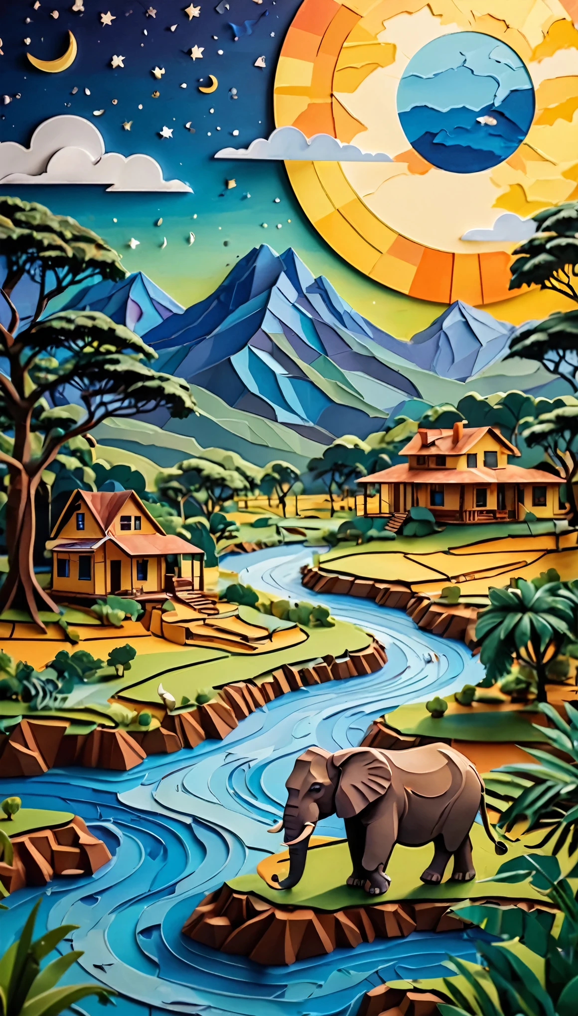 Paper cut art (((masterpiece))),best quality, illustration, African map, within African map we see a night sky, cloud, banana plantation, rivers, mountains, lions, elephants, cows, no humans, night, birds, moon, building, night sky, scenery, starry sky, grass, house, trees, waterfall, birds in the sky, African map, vibrant color scheme, Soft light,(warm color:1.2),Water color painting, light background, best quality exquisite details,3d rendering,Octane render, pastel, paper_cut of African map.