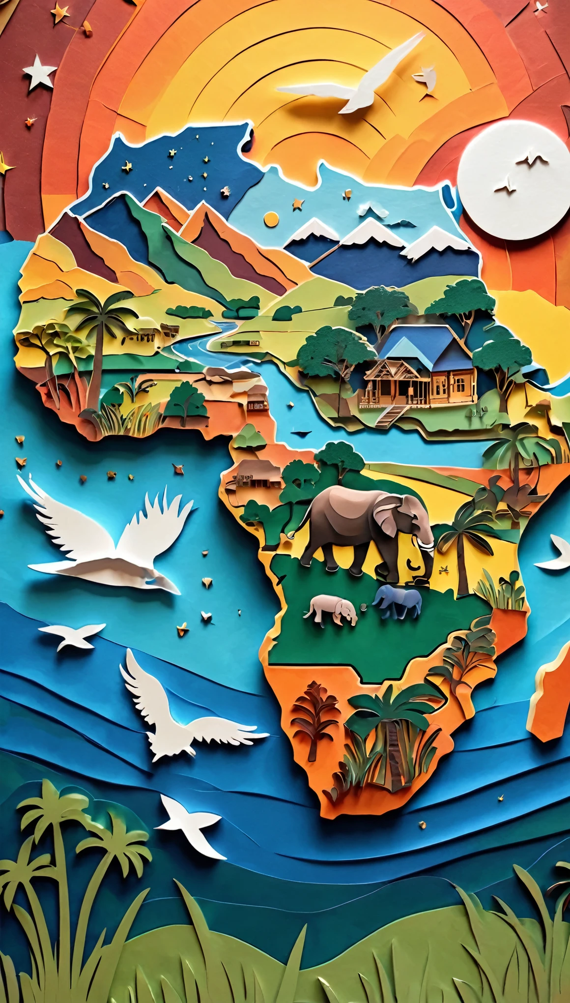 Paper cut art (((masterpiece))),best quality, illustration, African map, within African map we see a night sky, cloud, banana plantation, rivers, mountains, lions, elephants, cows, no humans, night, birds, moon, building, night sky, scenery, starry sky, grass, house, trees, waterfall, birds in the sky, African map, vibrant color scheme, Soft light,(warm color:1.2),Water color painting, light background, best quality exquisite details,3d rendering,Octane render, pastel, paper_cut of African map.