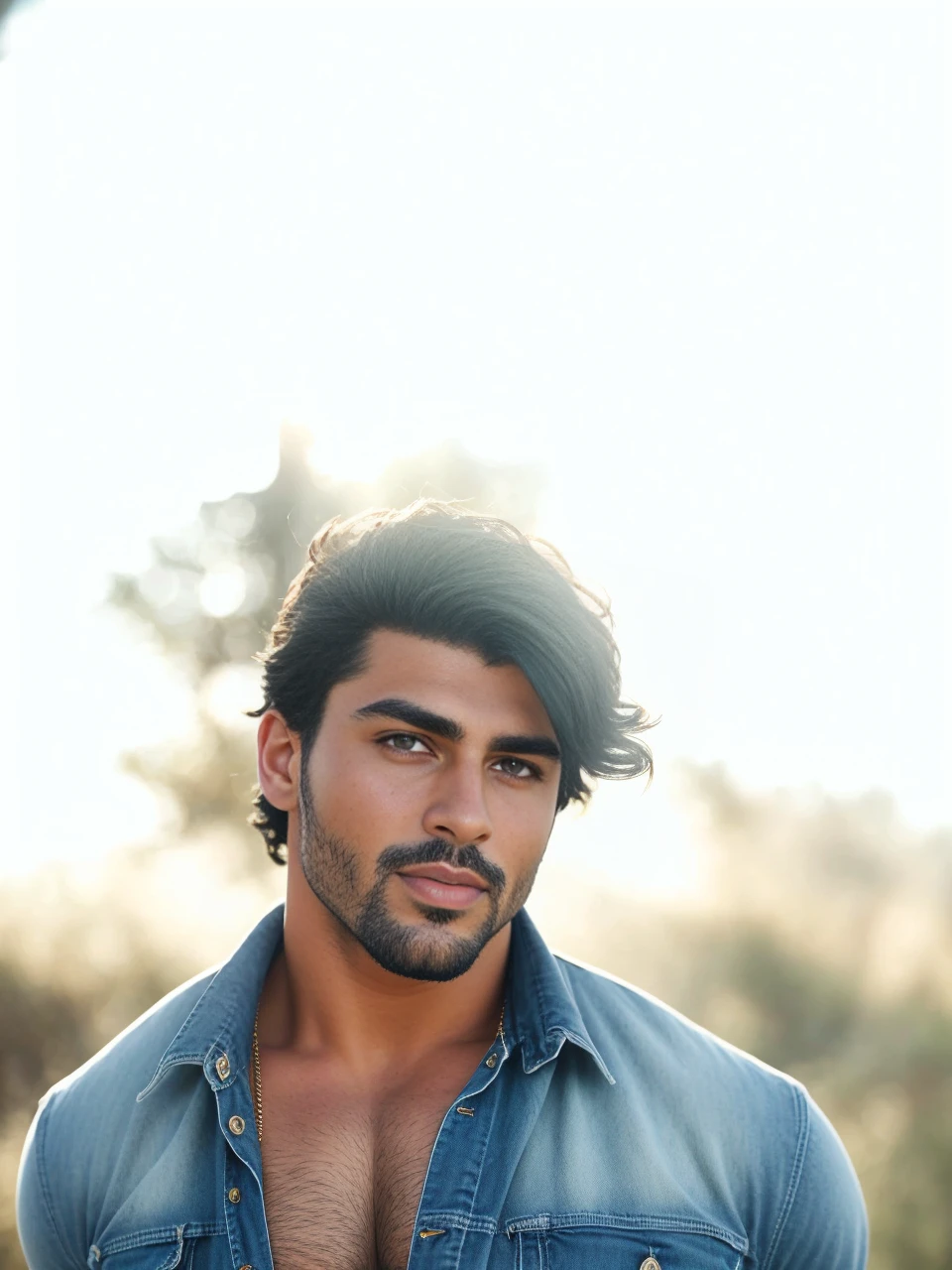 (best quality,highres:1.2), portrait, Moroccan, muscular man, defined muscles, captivating dimples, steamy atmosphere, tearing off shirt, rugged ripped holy jeans, sexy and alluring look, intense gaze, mesmerizing eyes, intricate details of facial features, natural pubic hair, prominent bulge, sensual movement of rubbing crotch