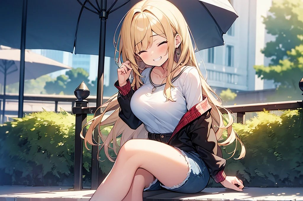 (Masterpiece, Top quality:1.5), (1 beautiful girl, solo), sitting, Blonde, medium Hair, wavy Hair, asymmetry bangs, swept bangs, airy hair, large breasts:1.2, 16 year old, standard weight, (casual summer fashion, Shorts :1.3), grin:1.3, blush, beautiful scene of street, blurry background, magnificent panorama view, blurry background, closed eyes