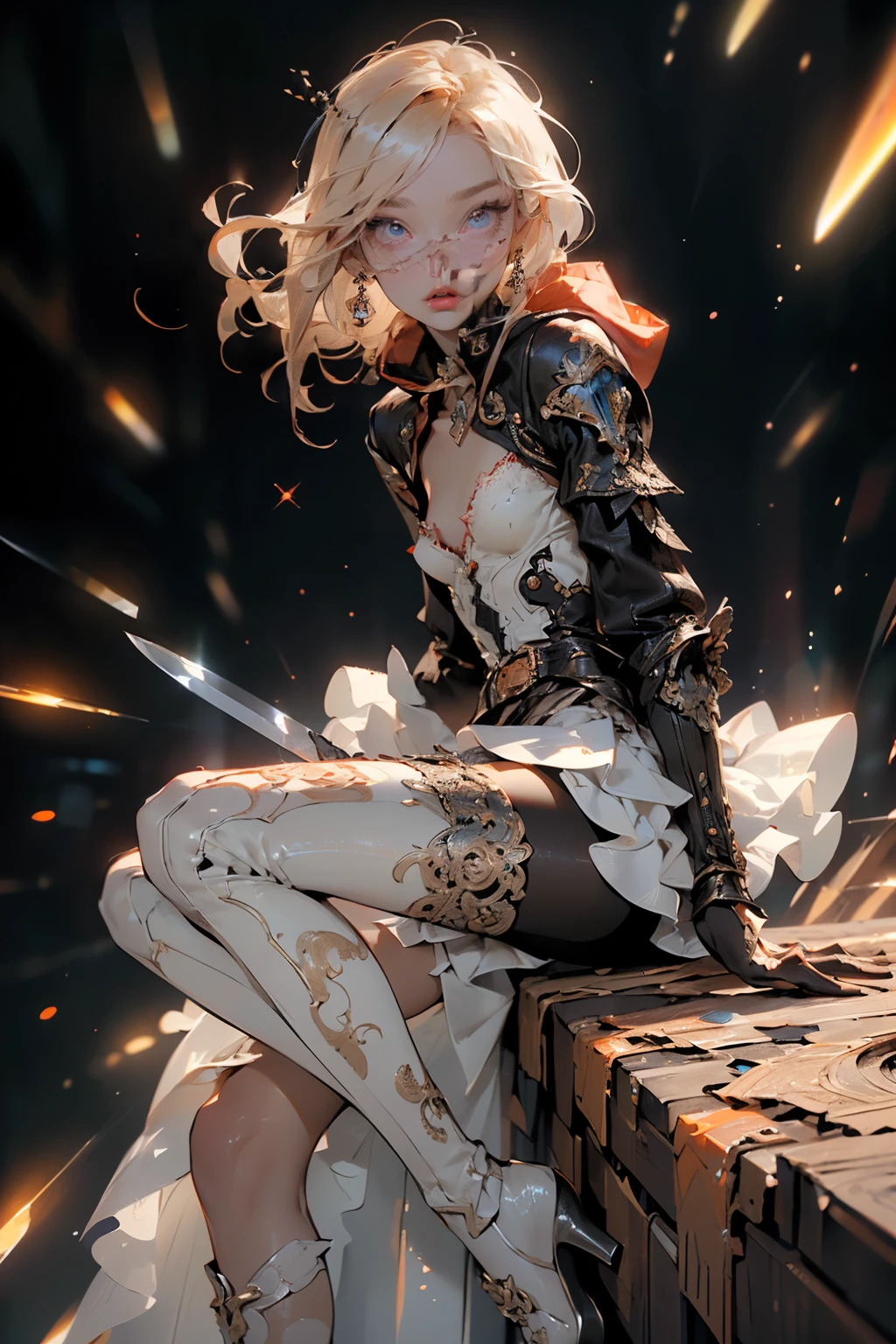 (((masterpiece, of the highest quality, super detailed))), (a female knight of an occult order), ((((a sword with a digital glitch-like effect to the blade as though it is rapidly flickering in and out of reality, with a very slight warping effect around it similar to gravitational lensing, is floating next to her)))), Edwardian/Victorian era inspired, ((minimal but intricate beautiful armour)), Fluttering lace flared dress with frilly petticoats, ((((Highly detailed face))), (((Very sharp focused eyes))), very long eyelashes, small breasts, (((flat chest:1.1))), occult aesthetic, (red and white clothing detailed and intricate steampunk and detailed gothic), (with a hood), complex lace boots