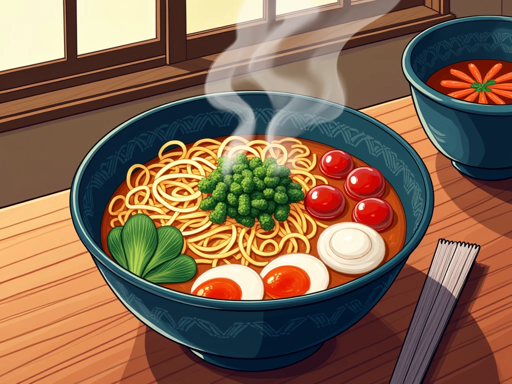 There is a bowl of noodles and vegetables on the table, Vector art inspired by Hanbei Yoshida, CG Association Contest Winner, Ukiyo-e, Japan Inspired Poster, Japanese art style, Japanese cities, Tokyo Mural, Japan Streets, Tokyo Inspired, Japanese Posters, Great food illustrations, Japanese manga style, ukiyoe style, Downtown Japan, Highly detailed vector art