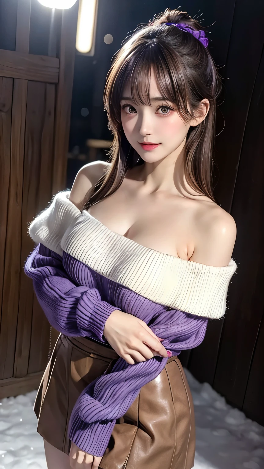 masutepiece, 超A high resolution, (Photorealistic:1.4), 8k, Raw photo, Best Quality, detailed shadow, Best Quality, amazing, finely detail, Official art, absurderes, Soft lighting, Sharp Focus, (bokeh:0.5), Light from the front, bloom, Cinematic lighting, Light on Face, (Cowboy Shot:1.5),1girl in, (huge-breasted:1), (cleavage:1), (Light brown medium hair:1.4), (bangs:1), Very cute, (narrow weist:1.8), (abs:0.7), (Teenage:1),(clavicle:1), (skinny:1.2), (Japanese face:1.2), (wide forehead:1.3), (Fair skin:1.5), (Transparent skin:1.5),(Japanese ido:1.5), (kawaii:1.5), ((Purple:1.3)Off-shoulder knit sweater:1.5), (Black tights:1.3), ((Light brown)Mini skirt:1.5), (Laugh:1.6),(snow field:1.5), (Be in the spotlight:1.5), (horizon:1.3), Winters,Photorealistic,length hair、thick lip、with round face