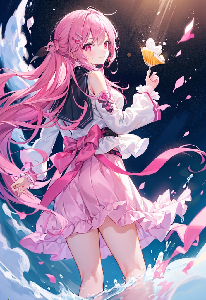 One girl, High resolution, Long Hair, smile, Food, Pink eyes, Highest quality, Back view, Barrette, Illustration, Pink hair, revealing clothing