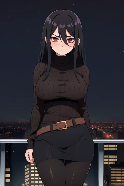 20 year old woman, busty, bubble butt, hourglass figure, skinny, blushing, frustrated expression, horny, seductive, black hair, long hair, straight hair, wearing wearing brown sweater, shoulderless sweater, ribbed sweater, black pencil skirt, belt, tights, heeled boots, red ribbons, tight fitting clothing, middrift, cleavage, anime, city at night, outside, punk, punk style, punk hair, doujin style, manga, flat colours