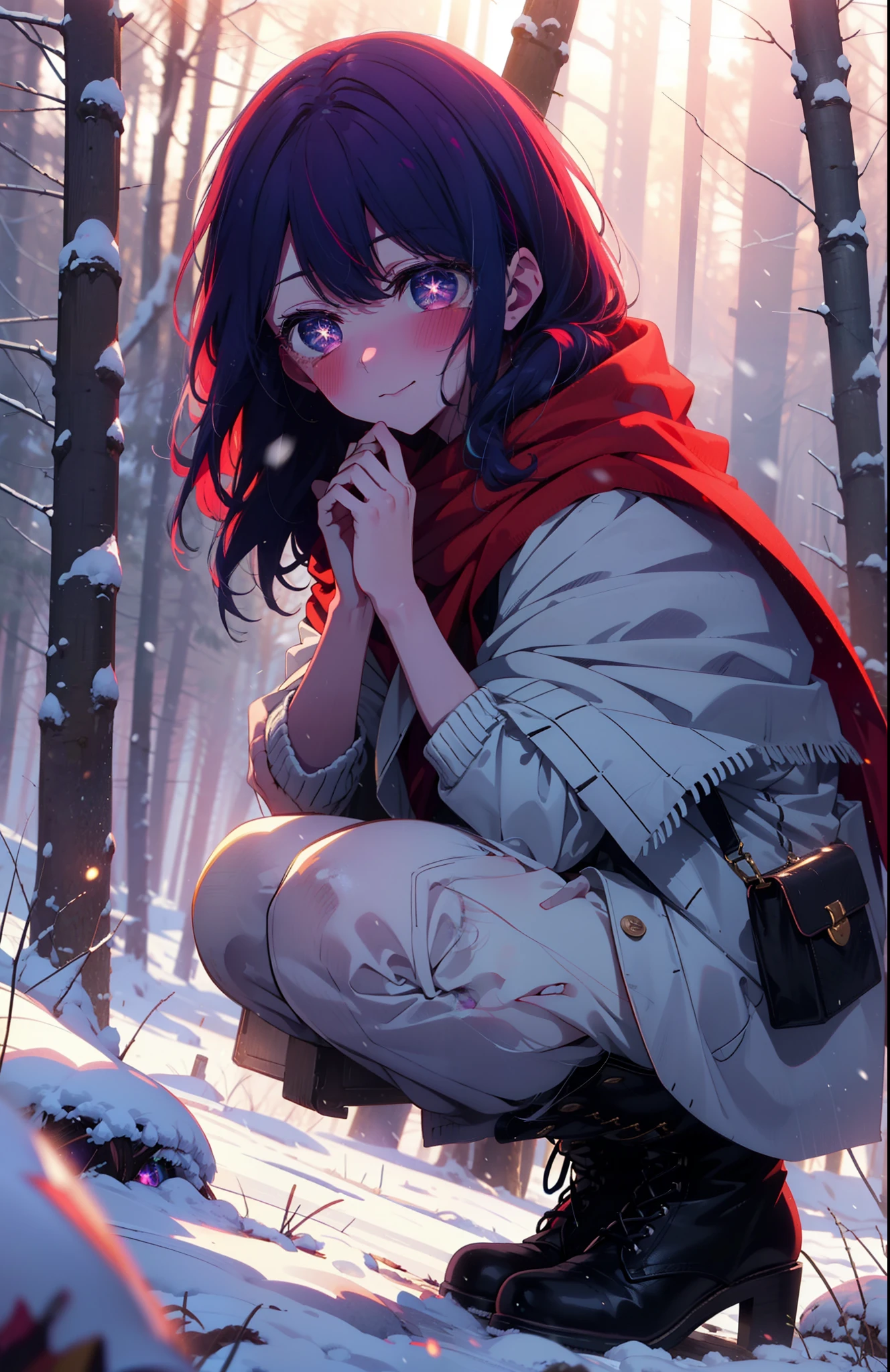 aihoshino, Ai Hoshino, Long Hair, bangs, (Purple eyes:1.1), Purple Hair, (Symbol-shaped pupil:1.5), smile,,smile,blush,white breath,
Open your mouth,snow,Ground bonfire, Outdoor, boots, snowing, From the side, wood, suitcase, Cape, Blurred, , forest, White handbag, nature, Squat, Mouth closed, Cape, winter, Written boundary depth, Black shoes, red Cape break looking at viewer, Upper Body, whole body, break Outdoor, forest, nature, break (masterpiece:1.2), Highest quality, High resolution, unity 8k wallpaper, (shape:0.8), (Beautiful and beautiful eyes:1.6), Highly detailed face, Perfect lighting, Highly detailed CG, (Perfect hands, Perfect Anatomy),
