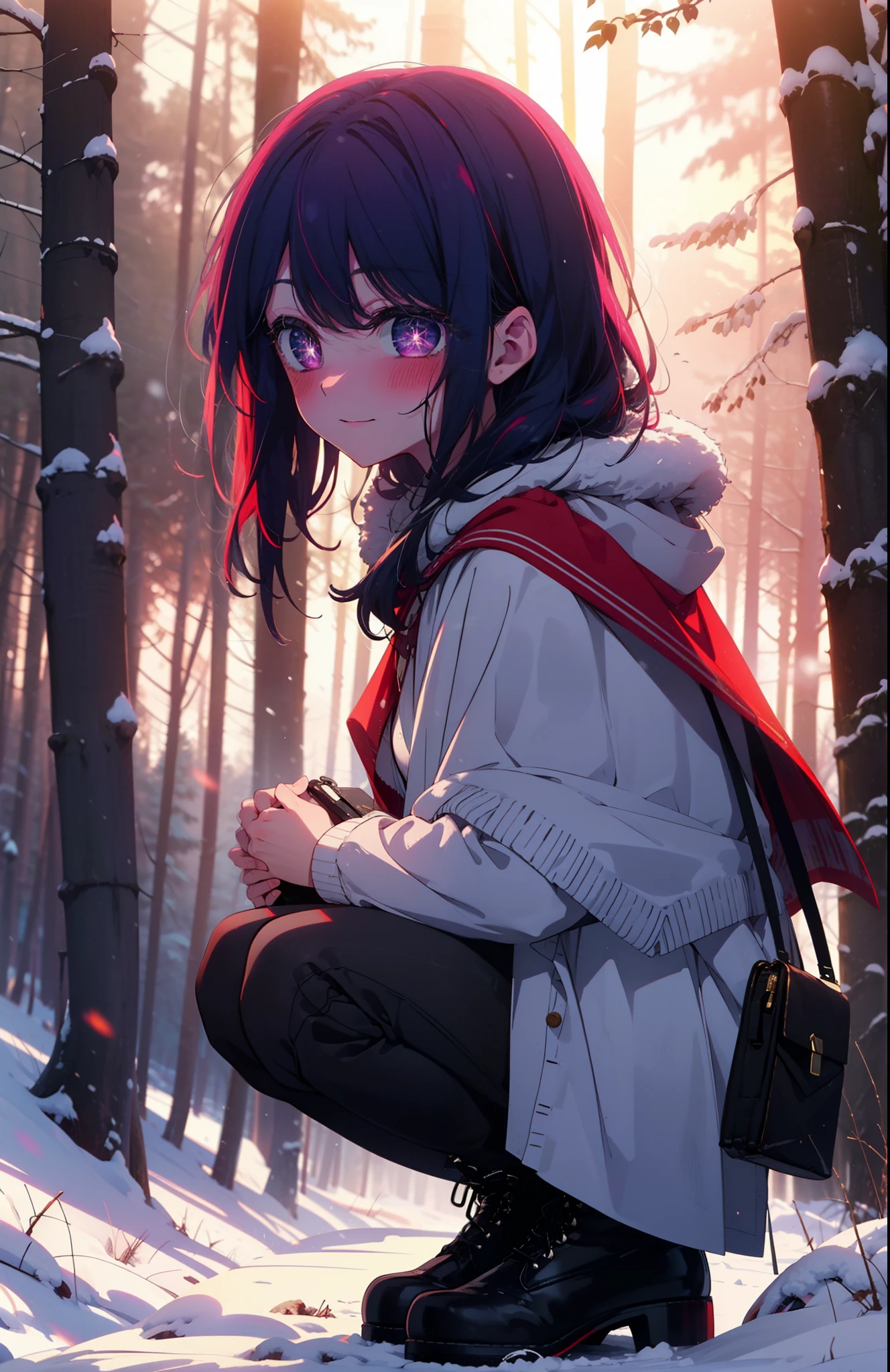 aihoshino, Ai Hoshino, Long Hair, bangs, (Purple eyes:1.1), Purple Hair, (Symbol-shaped pupil:1.5), smile,,smile,blush,white breath,
Open your mouth,snow,Ground bonfire, Outdoor, boots, snowing, From the side, wood, suitcase, Cape, Blurred, , forest, White handbag, nature, Squat, Mouth closed, Cape, winter, Written boundary depth, Black shoes, red Cape break looking at viewer, Upper Body, whole body, break Outdoor, forest, nature, break (masterpiece:1.2), Highest quality, High resolution, unity 8k wallpaper, (shape:0.8), (Beautiful and beautiful eyes:1.6), Highly detailed face, Perfect lighting, Highly detailed CG, (Perfect hands, Perfect Anatomy),