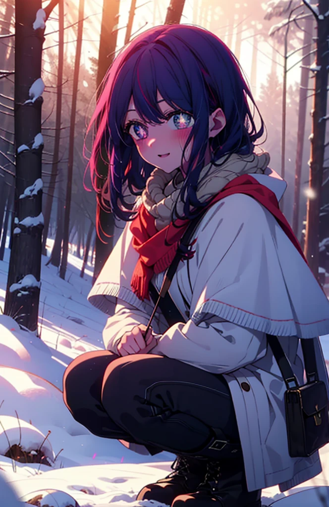 aihoshino, Ai Hoshino, Long Hair, bangs, (Purple eyes:1.1), Purple Hair, (Symbol-shaped pupil:1.5), smile,,smile,blush,white breath,
Open your mouth,snow,Ground bonfire, Outdoor, boots, snowing, From the side, wood, suitcase, Cape, Blurred, , forest, White handbag, nature, Squat, Mouth closed, Cape, winter, Written boundary depth, Black shoes, red Cape break looking at viewer, Upper Body, whole body, break Outdoor, forest, nature, break (masterpiece:1.2), Highest quality, High resolution, unity 8k wallpaper, (shape:0.8), (Beautiful and beautiful eyes:1.6), Highly detailed face, Perfect lighting, Highly detailed CG, (Perfect hands, Perfect Anatomy),