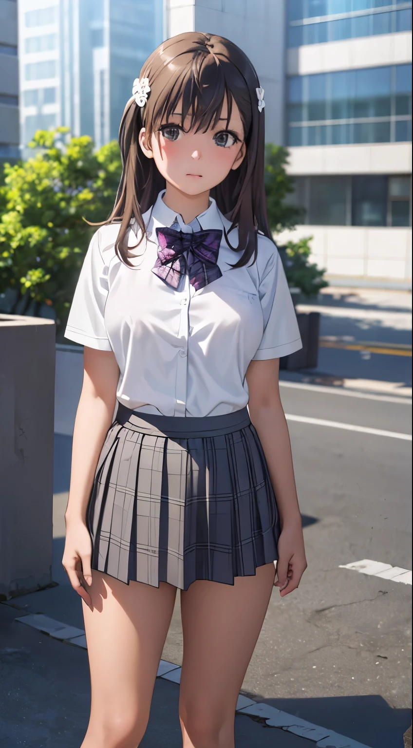 (masterpiece:1.2, top-quality), (realistic, photorealistic:1.4), beautiful illustration, 
looking at viewer, full body, front view:0.6, 
1 girl, japanese, high school girl, (long hair:1.5), blown hair, (half up, half updo), bangs, hair between eye, large breasts:0.8, 
beautiful hair, beautiful face, beautiful detailed eyes, beautiful clavicle, beautiful body, beautiful chest, beautiful thigh, beautiful legs, beautiful fingers, 
(beautiful scenery), , school,
((collared short sleeve shirt, white shirt, school uniform, grey plaid pleated skirt, blue plaid bow tie)), white panties, 
(standing, , lift up skirt, grab the hem of the skirt, hands on chest, hand between legs), 
blush, ,