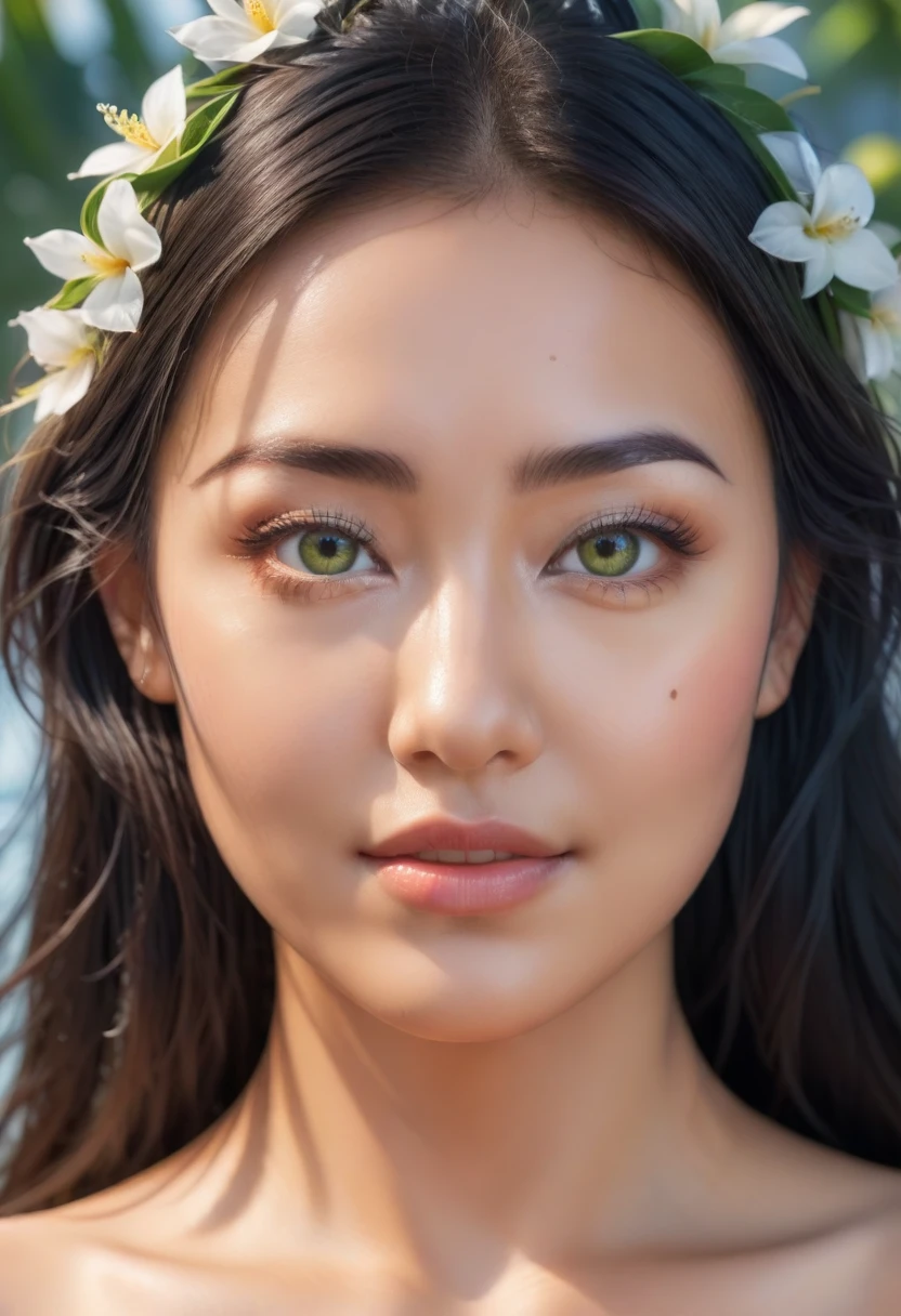 Polynesian Sea、Hair blowing in the wind 、 ((best quality、masterpiece、8K、Best image quality、Ultra-high resolution、Award-winning works)、(Accurate anatomy:1.1)、(Look at me and smile:1.0)、Shining fair skin with Ultra-high resolution、The most delicate face、Ultra-high resolution detailed face、Ultra-high resolutionの髪の毛、(Ultra-high resolution eye:1.1)、Delicate face,The details are portrayed vividly、Polynesian clothing,Small Breasts, Polynesian Tattoo, Polynesian Canoe、穿着Polynesian clothing:1.2.