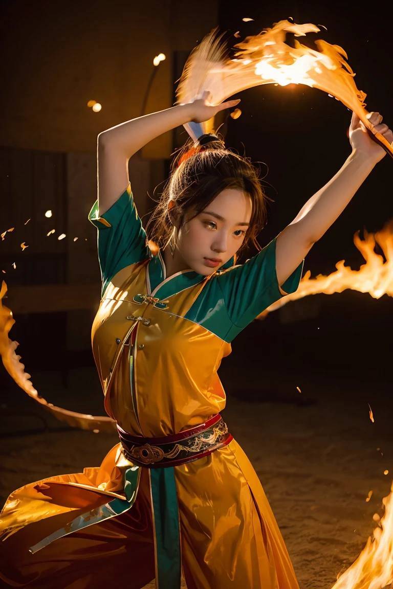 Fisheye lens with flames in background, Chinese girl dancing swords, dressed in Tang costume, a person, upward light, ray tracing, edge light, glow effect, exaggerated action, exaggerated perspective, orange, green, realistic ultra-fine rendering wind, super detail, blender, octanerending