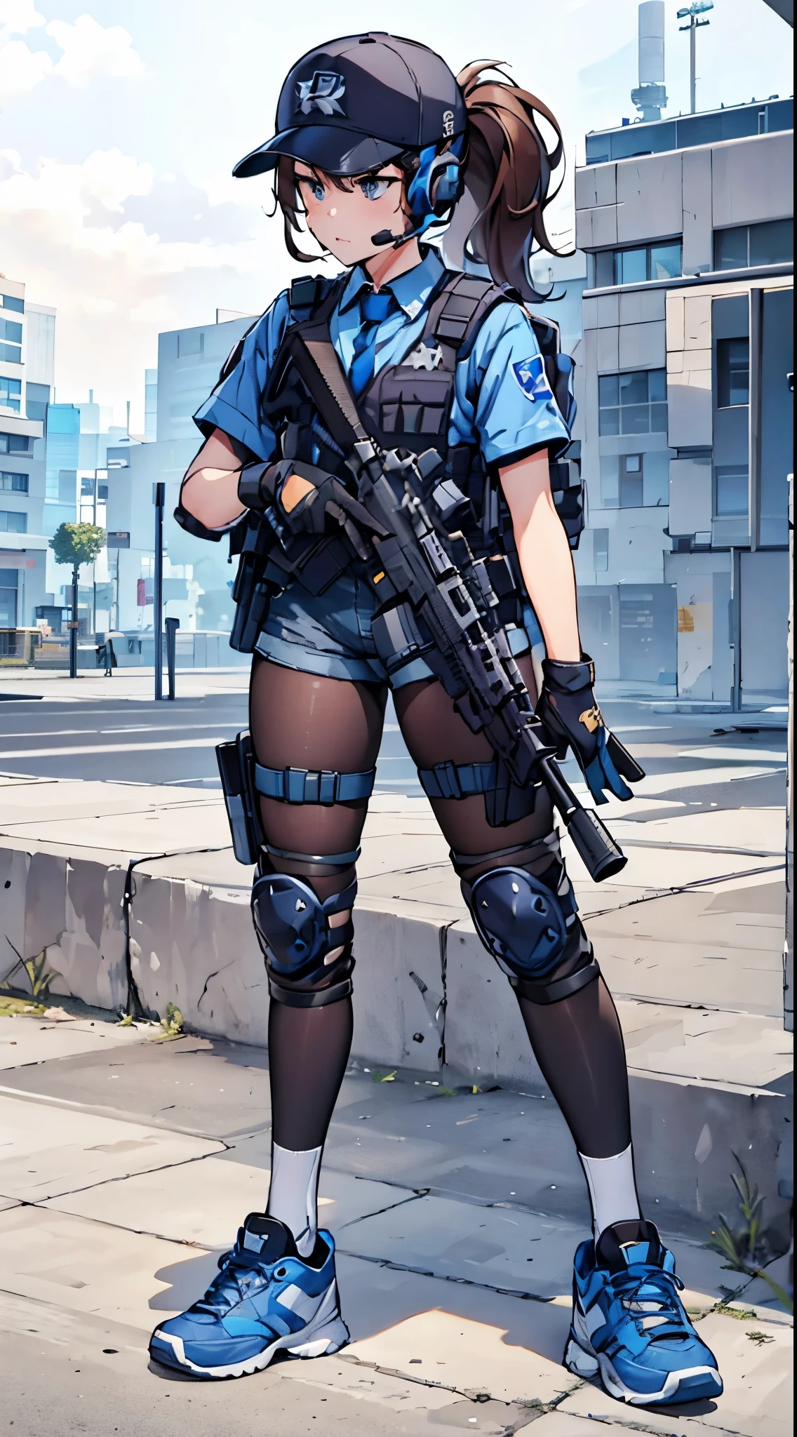 1girl, solo, long hair, blue eyes, brown hair, shirt, gloves, hat, holding, standing, full body, white shirt, ponytail, weapon, short sleeves, pantyhose, outdoors, necktie, shoes, shorts, day, black gloves, socks, collared shirt, holding weapon, gun, short shorts, bodysuit, ground vehicle, building, sneakers, holding gun, baseball cap, rifle, handgun, headset, blue shorts, watch, blue footwear, blue necktie, assault rifle, knee pads, police, police uniform