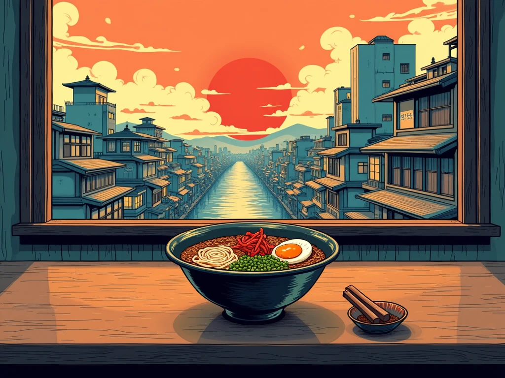 There is ramen on the table, Vector art inspired by Hanbei Yoshida, CG Association Contest Winner, Ukiyo-e, Japan Inspired Poster, Japanese art style, Japanese cities, Tokyo Mural, Japan Streets, Tokyo Inspired, Japanese Posters, Great food illustrations, Japanese manga style, ukiyoe style, Downtown Japan, Highly detailed vector art