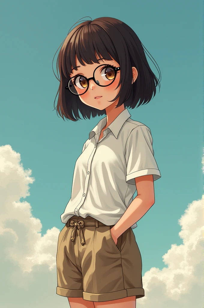 masterpiece, Japan beautiful young girl - Indonesian, Cute young girl in shirt and short skirt, Wolf Haired Girl (Short Hair), 薄い丸みを帯びたGlassesをかけた女の子, Cute young woman, Asian, Background in Indonesia、((Glasses、Upper body naked、Nipples))