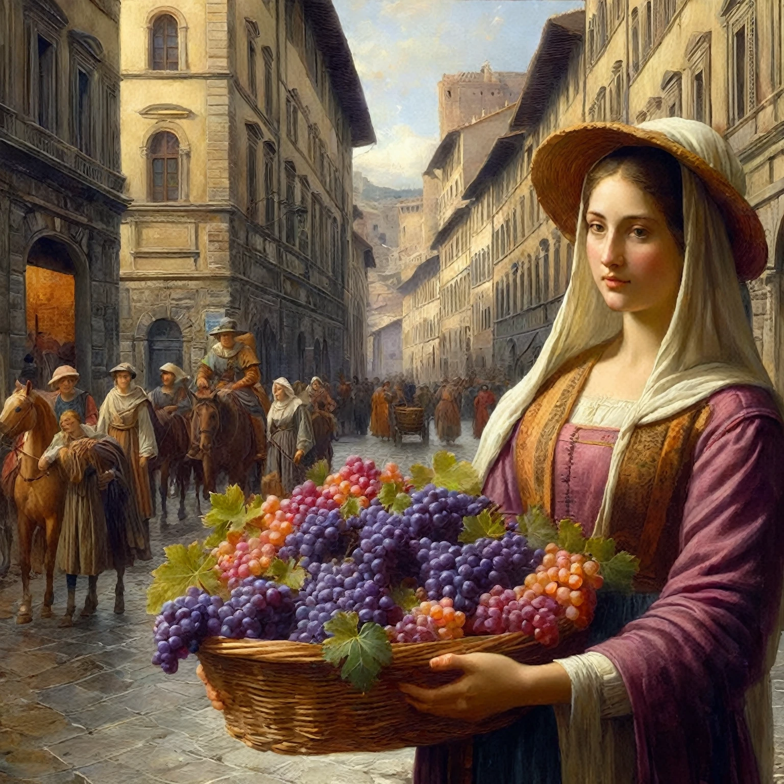 painting of a woman holding a basket of grapes in a street, renaissance digital painting, renaissance style painting, in a renaissance style, renaissance art style, market in ancient rome, girl venizian era, in renaissance style, renaissance painting style, renaissance oil painting, in a high renaissance style, italian renaissance, renaissance art, market, in a medieval city