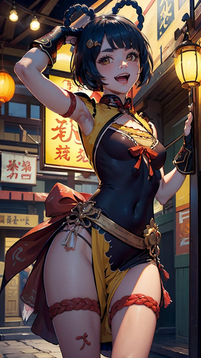 masterpiece, top quality, high detailed, detailed face, bright Eyes, outdoor, blurred background, dynamic poses, dynamic angle, (from the front),standing, (small breasts),(pokies),(see through clothes),(Looking forward:1.5), xianglingdef,joyful, laughing, hot and spicy, happy, in a old traditional Chinese restaurant