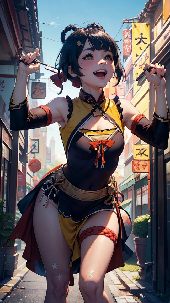 masterpiece, top quality, high detailed, detailed face, bright Eyes, outdoor, blurred background, dynamic poses, dynamic angle, (from the front),standing, (small breasts),(pokies),(see through clothes),(Looking forward:1.5), xianglingdef,joyful, laughing, hot and spicy, happy, in a old traditional Chinese restaurant