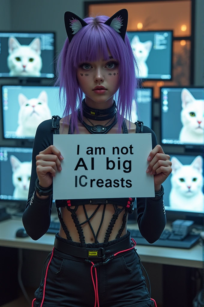 photorealistic Beautiful girl 18 years old with purple hair in a cyberpunk outfit made of wires, holding a sign in his hands with the inscription "I am not AI big breasts" And on her cheek there is an inscription "AI big breasts"She is standing in a room with a bunch of monitors and computers showing cats.