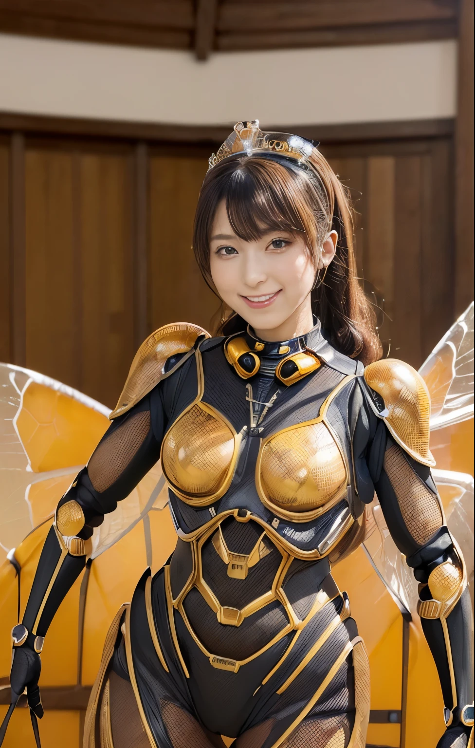 (high resolution,masterpiece,best quality,extremely detailed CG, anime, official art:1.4), realistic, photo, amazing fine details, all intricate, gloss and shiny,awesome many layers, 8k wall paper, 3d, sketch, kawaii, illustration,( solo:1.4), perfect female proportion,villainess, (fusion of queen bee and lady:1.4), (queen bee form lady:1.2), (queen bee lady:1.2), (fusion:1.2), (solo:1.4), (evil smile:1.2), muscular, abs, (queen bee exoskeleton bio insect suit:1.4), (cockroach brown exoskeleton bio insect armor:1.2), (brown transparency queen bee wing:1.4), (brown queen bee antennae:1.3),