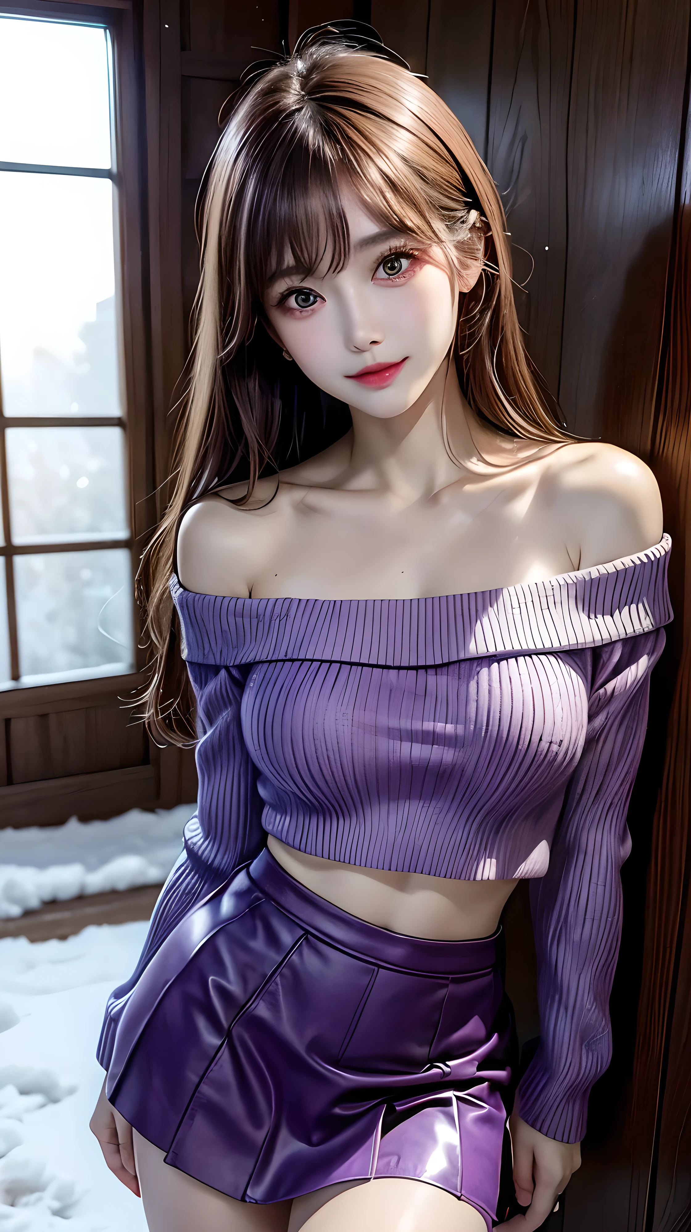 masutepiece, 超A high resolution, (Photorealistic:1.4), 8k, Raw photo, Best Quality, detailed shadow, Best Quality, amazing, finely detail, Official art, absurderes, Soft lighting, Sharp Focus, (bokeh:0.5), Light from the front, bloom, Cinematic lighting, Light on Face, (Cowboy Shot:1.5),1girl in, (huge-breasted:1), (cleavage:1), (Light brown medium hair:1.4), (bangs:1), Very cute, (narrow weist:1.8), (abs:0.7), (Teenage:1),(clavicle:1), (skinny:1.2), (Japanese face:1.2), (wide forehead:1.3), (Fair skin:1.5), (Transparent skin:1.5),(Japanese ido:1.5), (kawaii:1.5), ((Purple:1.3)Off-shoulder knit sweater:1.5), (Black tights:1.3), ((Light brown)Mini skirt:1.5), (Laugh:1.6),(snow field:1.5), (Be in the spotlight:1.5), (horizon:1.3), Winters,Photorealistic,length hair、thick lip、with round face