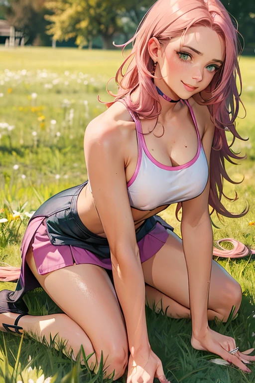 Best Picture, Masterpiece, 4K, High Quality, One Adult
Woman. The woman has pink hair. Her hair is bobbed, wavy. Long slit eyes, green eyes,
Model like beauty, perfect proportions. Perfect legs. Perfect arms. Tank top and tight mini skirt. High heels.
(A woman
She has a blush on her cheeks and a mischievous smile on her facA woman is on all fours in a grassy meadow. A large dog is clinging to the woman's back.))A complete body. Perfect hands and legs. Beautiful body, beautiful legs. Beautiful hands. Perfect body, perfect legs. Perfect hands.
You can see, even through the clothing, that the woman's large, full breasts and nipples are standing up. Sweat is beading.
The woman's cheeks are flushed and she looks embarrassed.
(The skirt is very short.)
(Very short skirt)