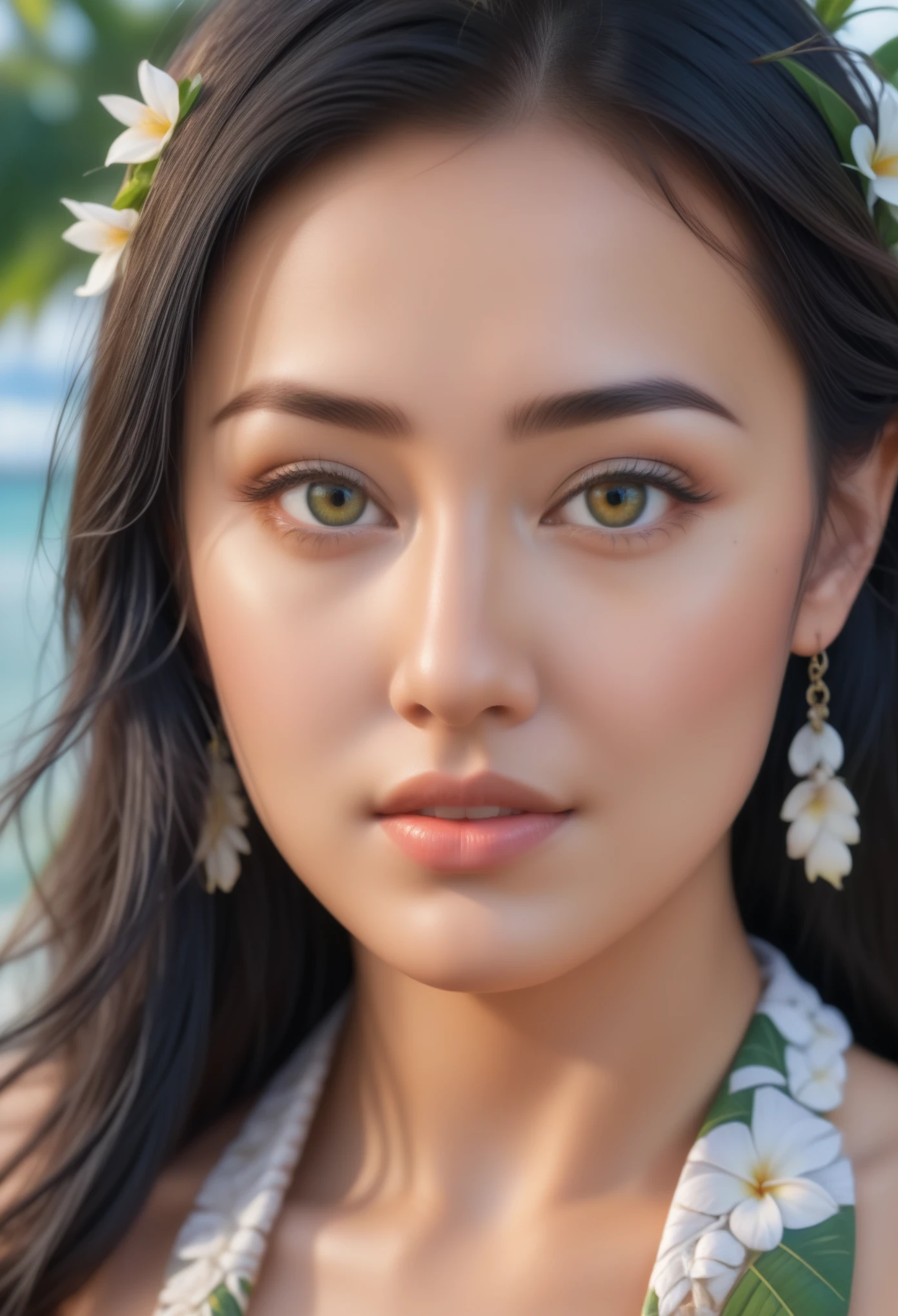 Polynesian Sea、Hair blowing in the wind 、 ((best quality、masterpiece、8K、Best image quality、Ultra-high resolution、Award-winning works)、(Accurate anatomy:1.1)、(Look at me and smile:1.0)、Shining fair skin with Ultra-high resolution、The most delicate face、Ultra-high resolution detailed face、Ultra-high resolutionの髪の毛、(Ultra-high resolution eye:1.1)、Delicate face，The details are portrayed vividly、Polynesian clothing,Small Breasts,  Polynesian Tattoo,  Polynesian Canoe、穿着Polynesian clothing:1.2.